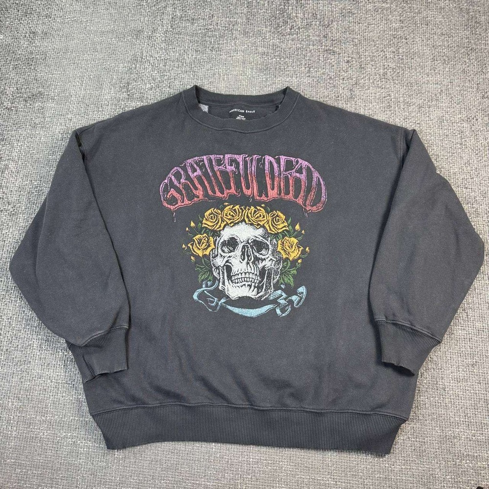American Eagle Grateful Dead Sweatshirt Unisex Medium Black Graphic Rock Skull